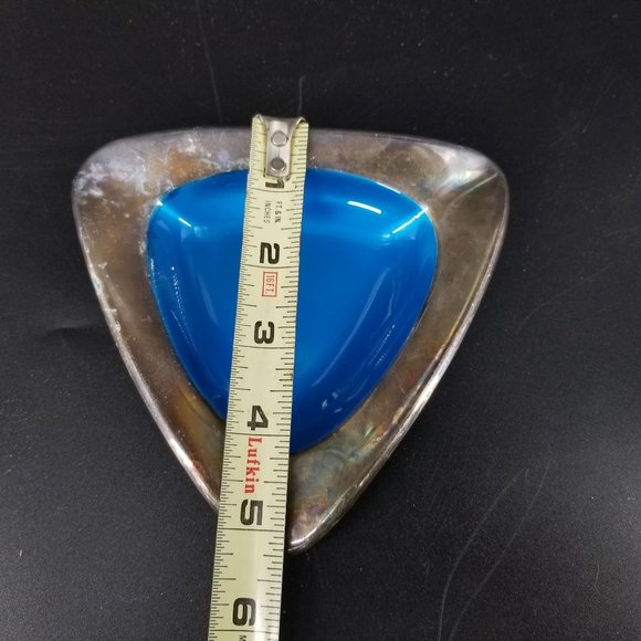 Reed Barton Ashtray Trinket Dish Blue Enamel Silver Plate Triangle Patina 5.50" - Picture 8 of 9